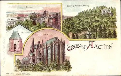 Litho Aachen in Nordrhein Westfalen, Burtscheid, Lousberg, Promenade , Obelisk, Marschiertor, Dom