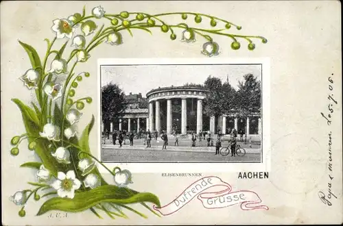 Litho Passepartout Ak Aachen in Nordrhein Westfalen, Maiglöckchen, Elisenbrunnen