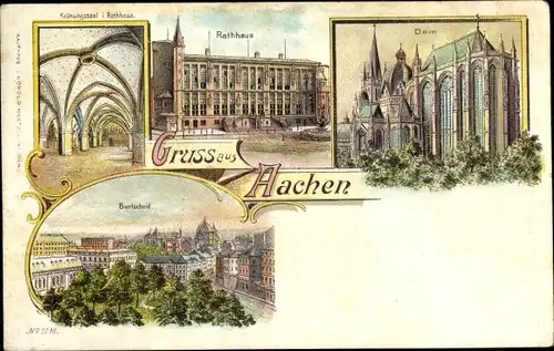 Litho Aachen in Nordrhein Westfalen, Dom, Krönungsaal im Rathaus, Burtscheid