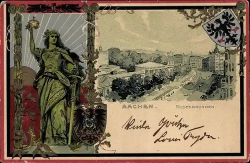 Litho Aachen in Nordrhein Westfalen, Elisenbrunnen, Germania, Wappenschild Reichsadler