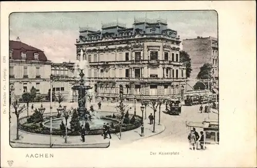 Ak Aachen in Nordrhein Westfalen, Kaiserplatz mit Kaiserbrunnen, Straßenbahnen