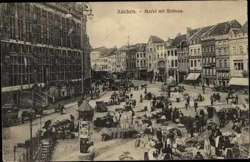 Ak Aachen in Nordrhein Westfalen, Markt mit Rathaus, Marktstände