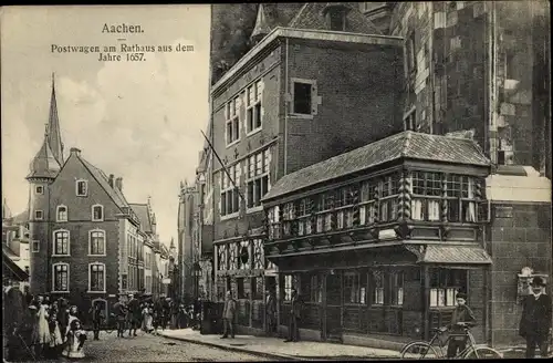 Ak Aachen in Nordrhein Westfalen, Postwagen am Rathaus aus dem Jahre 1657