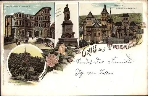 Litho Trier an der Mosel, Porta Nigra, Dom, Liebfrauenkirche, Denkmal, Mariensäule, Kapelle