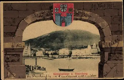 Passepartout Ak Königswinter am Rhein, Durchblick auf Ort und Petersberg, Wappen