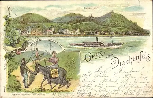 Litho Königswinter am Rhein, Drachenfels, Ort mit Umgebung, Salondampfer, Ausritt