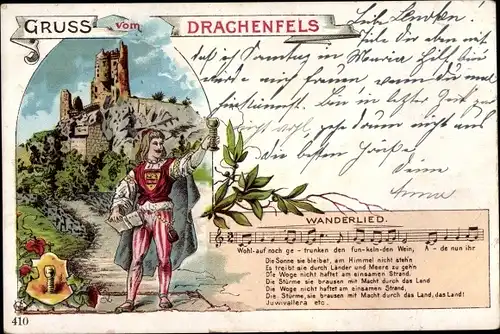 Liedkarten Litho Königswinter am Rhein, Burgruine Drachenfels, Mann mit Kelch, Wanderlied