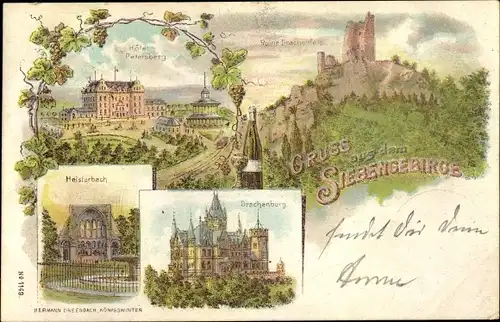 Litho Königswinter am Rhein, Hotel Petersberg, Histerbach, Drachenburg, Ruine Drachenfels, Wein