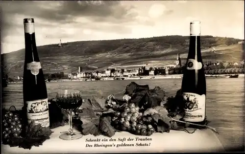 Ak Rüdesheim am Rhein in Hessen, Blick zur Stadt, Weinflaschen, Schenkt ein den Saft der Trauben