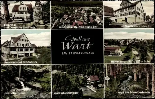 Ak Wart Altensteig im Schwarzwald, Ehrenmal, Gasthaus z. Linde, Gasthof z. Hirsch, Freibad