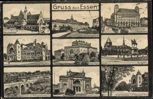 Ak Essen im Ruhrgebiet, Handelshof, Villa Hüpgel, Städt. Saalbau, Stadttheater, Hauptbahnhof, Brücke