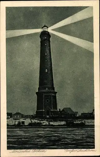 Ak Borkum a.d. Nordsee, Großer Leuchtturm, Meer, Ufer