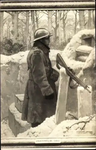 Künstler Ak Leroux, G., Printemps de 1940, soldat, tranchée, II WK, Adrianshelm