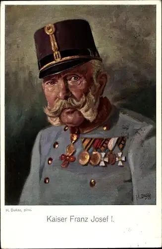 Künstler Ak Dukas, Kaiser Franz Joseph I., Portrait, Uniform, Orden, Tschako