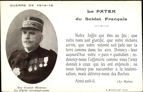Ak Le Pater du Soldat Francais, Joseph Joffre, Portrait, Uniform, Orden