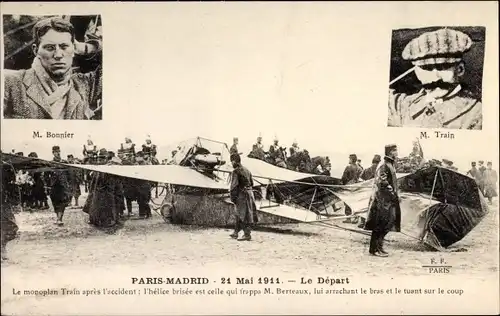 Ak Paris-Madrid 1911, Le Depart, Monoplan, M. Bonnier, M. Train, Flugpionier