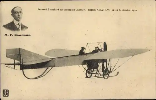 Ak Fernand Blanchard sur Monoplan Chesnay, Dijon Aviation 1910