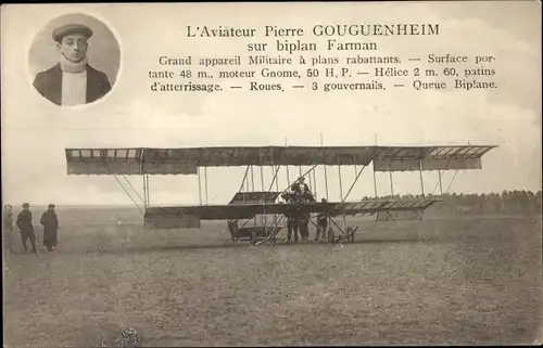 Ak L'Aviateur Pierre Gouguenheim sur biplan Farman