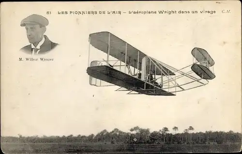 Ak Les Pionniers de l'Air, l'Aeroplane Wright dans un virage, Doppeldecker