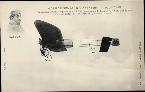 Ak Grande Semaine d'Aviation, l'Aviateur Morane sur Monoplan Bleriot