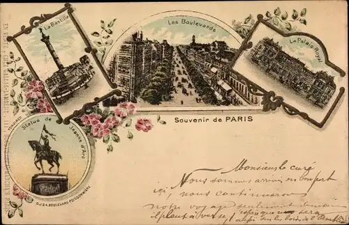 Litho Paris, Bastille, Boulevards, Statue Jeanne d'Arc, Palais Royal