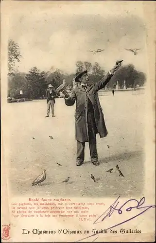 Ak Paris, Jardin des Tuileries, Le Charmeur d'Oiseaux