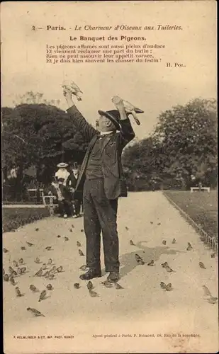 Ak Paris, Jardin des Tuileries, Le Charmeur d'Oiseaux, Le Banquet des Pigeons