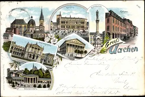 Litho Passepartout Ak Aachen in Nordrhein Westfalen, Rathaus, Polytechnikum, Dom, Kurhaus, Theater