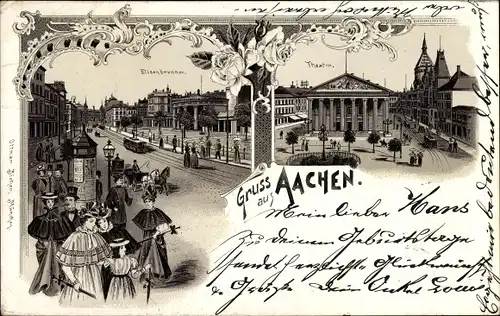 Litho Aachen in Nordrhein Westfalen, Elisenbrunnen, Theater, Spaziergänger, Straßenbahnen