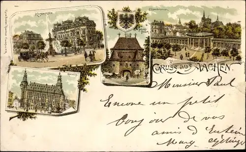 Litho Aachen in Nordrhein Westfalen, Kaiserplatz, Ponttor, Rathaus, Elisenbrunnen