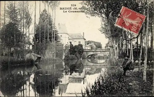 Ak Baugé Maine et Loire, le Couasnon, Flusspartie, Angler, Brücke