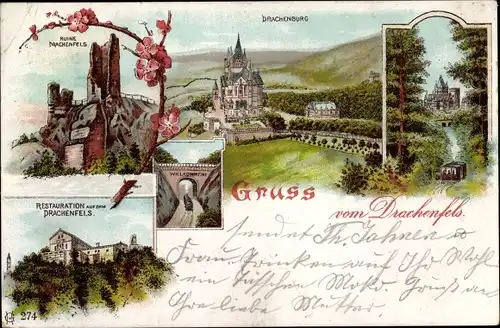 Litho Königswinter am Rhein, Hotel Petersberg, Histerbach, Drachenburg, Ruine Drachenfels, Wein