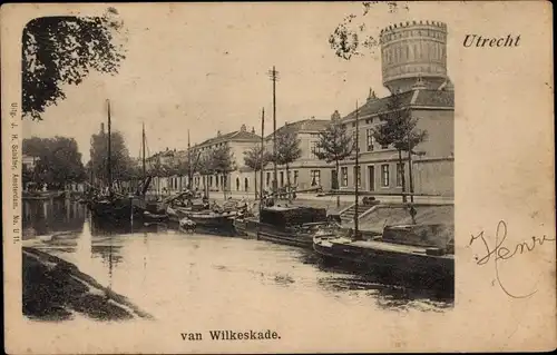 Ak Utrecht Niederlande, van Wilkeskade, Kanal, Frachtkähne, Wasserturm