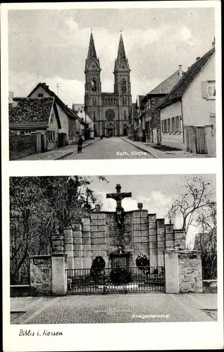Ak Biblis am Rhein Hessen, Kath. Kirche, Kriegerdenkmal