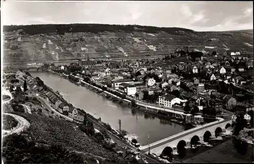 Ak Bingen am Rhein, Ort mit Nahe und Drususbrücke, Vogelschau