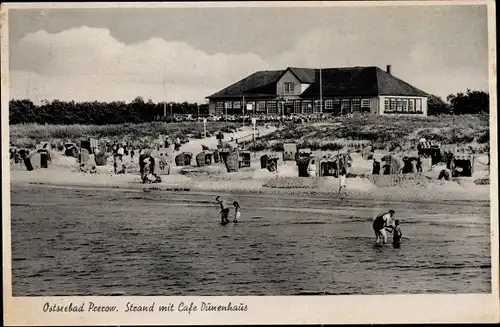 Ak Ostseebad Prerow auf dem Darß, Strand mit Café Dünenhaus
