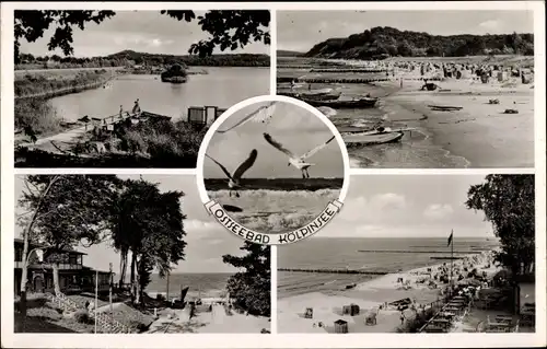 Ak Ostseebad Kölpinsee auf Usedom, Strandleben, Möwen im Flug, Steg