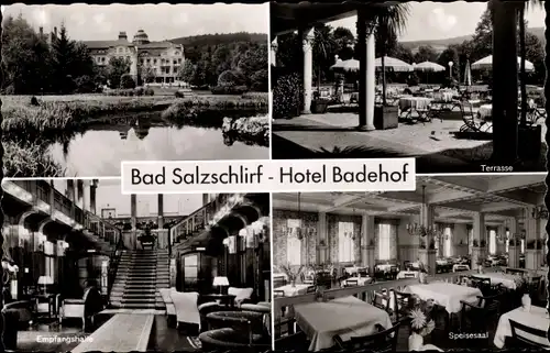 Ak Bad Salzschlirf in Hessen, Hotel Badehof, Terrasse, Speisesaal, Empfangshalle