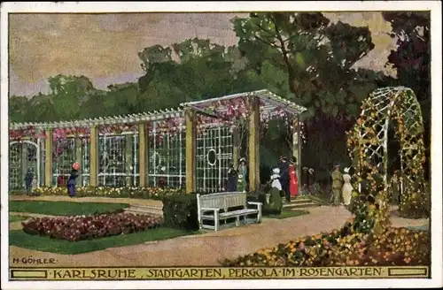 Künstler Ak Göhler, H., Karlsruhe in Baden Württemberg, Stadtgarten, Pergola im Rosengarten