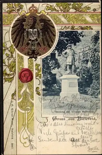 Präge Wappen Passepartout Ak Bielefeld in Nordrhein Westfalen, Denkmal des Großen Kurfürsten