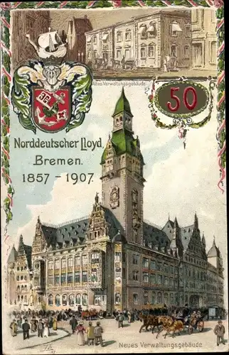 Wappen Litho Hansestadt Bremen, Norddeutscher Lloyd, altes und neues Verwaltungsgebäude