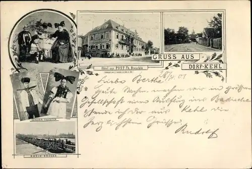Ak Kehl am Rhein, Hanauer Trachten, Rheinbrücke, Hotel zur Post