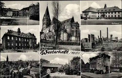 Ak Westerholt Herten in Westfalen, Pfarrkirche, Zeche, Ehrenmal, Schloss, Rathaus, Gertrudishospital