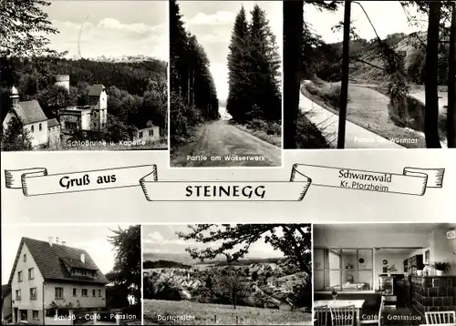 Ak Steinegg Neuhausen im Enzkreis Schwarzwald, Schloss Cafe Pension, Schlossruine und Kapelle