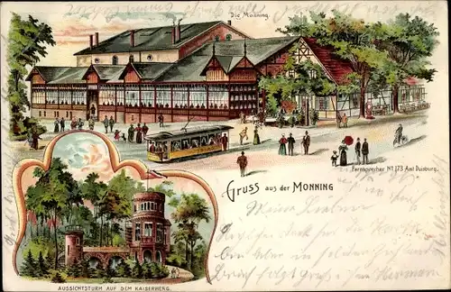 Litho Duisburg im Ruhrgebiet, Monning, Gastwirtschaft, Winter, Straßenbahn, Kaiserberg, Denkmal