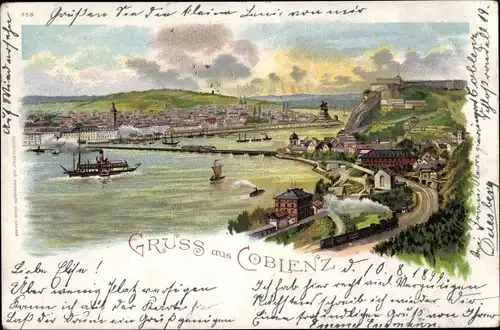 Litho Koblenz am Rhein, Totalansicht der Ortschaft, Kaiser Wilhelm Denkmal, Dampflok