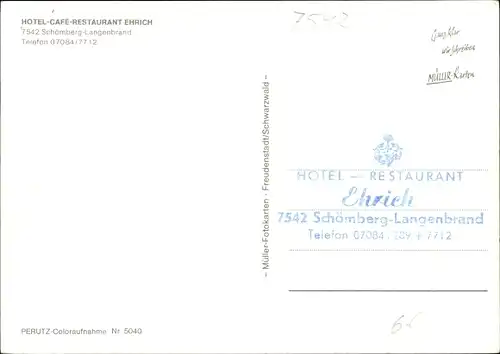 Ak Langenbrand Schömberg im Schwarzwald Württemberg, Hotel Cafe Restaurant Ehrich