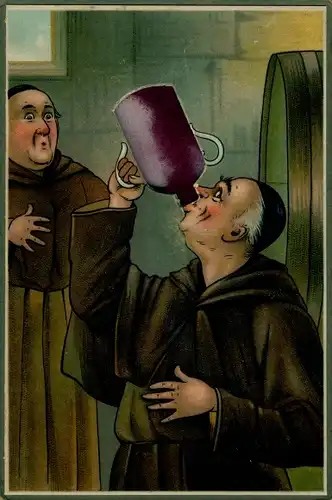 Künstler Ak Mönche befüllen Krug am Fass, Bier, Wein
