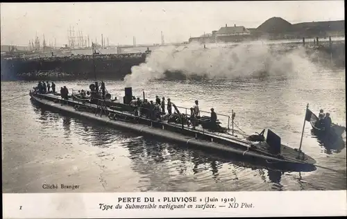 Ak Französisches U-Boot, Sous Marin Pluvoise, Juin 1910, Submersible