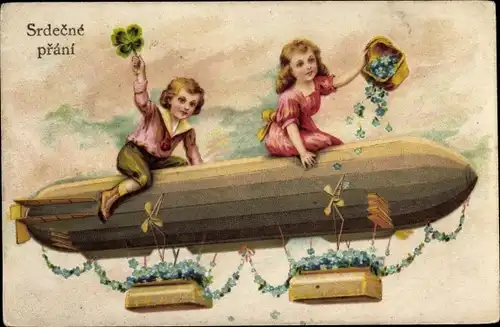 Ak Kinder mit Zeppelin unterwegs, Vergissmeinnicht, Srdecne prani
